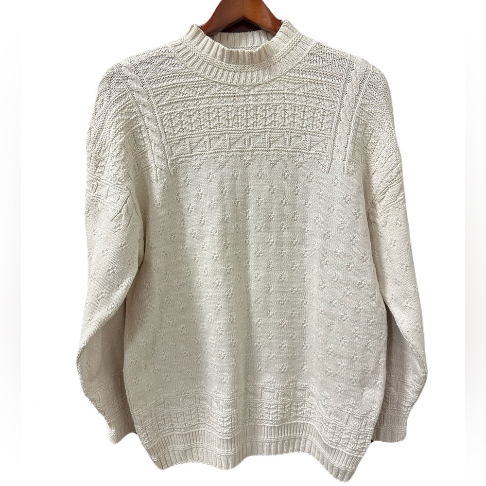 90s Vintage LizWear 3D Knit Mock Sweater EUC Womens Size Large Cream